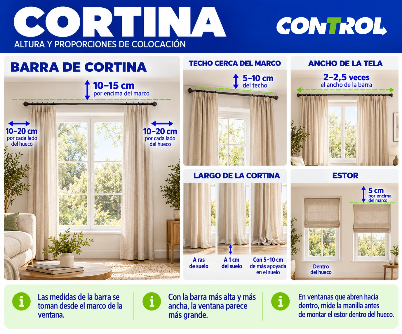 Infografía de Mudanzas Control para colocar una cortina: barra 10–15 cm por encima del marco y 10–20 cm más ancha por cada lado, y estor dentro del hueco o 5 cm por encima