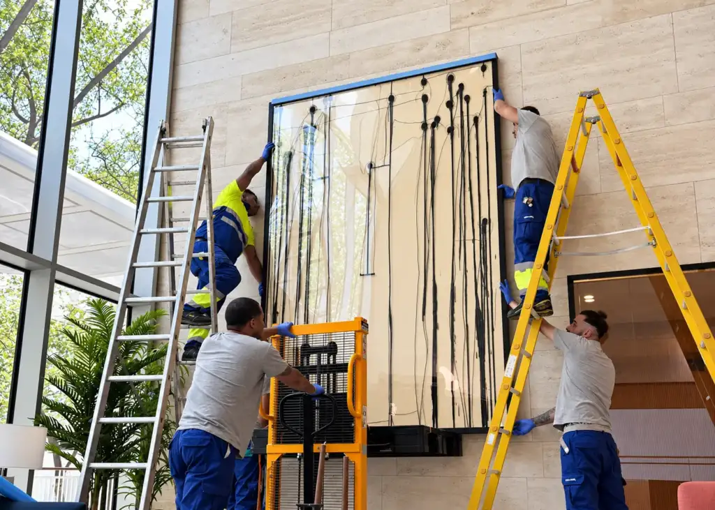Equipo de Mudanzas Control colgando una obra de gran formato en el vestíbulo de un edificio de la Avenida Diagonal de Barcelona