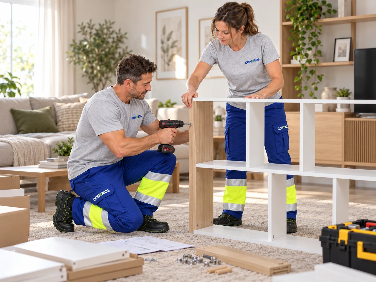 Equip de Mudances Control muntant una prestatgeria en una sala d'estar, amb les instruccions i la cargoleria a terra